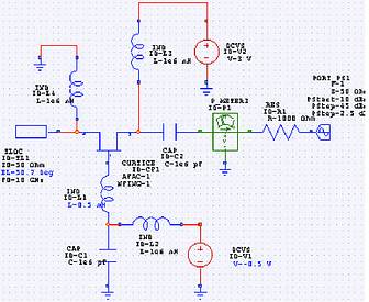 Figure 3. To determine the large-signal device impedance, we introduce a source and power-impedance measuring element at the output. The 1000 W resistor is necessary for the harmonic- balance simulator to converge with this very unstable circuit